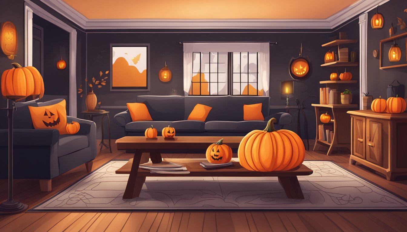 A cozy living room with a carved pumpkin, spooky decorations, and a table set up for Halloween crafts and games