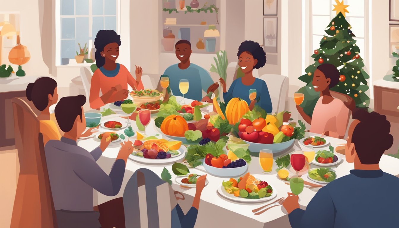 A festive table set with colorful, wholesome dishes and a centerpiece of fresh fruits and vegetables, surrounded by family and friends enjoying a mindful Christmas dinner