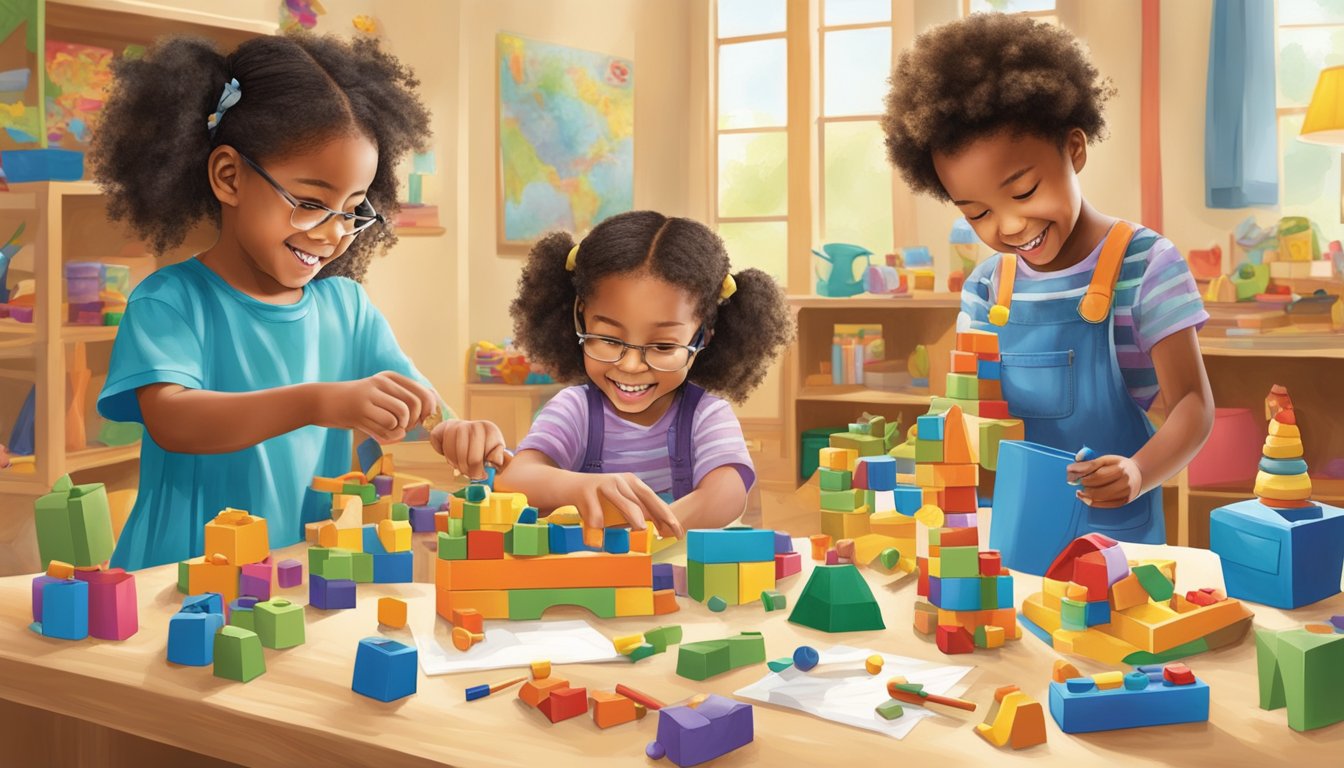 Children engaged in various imaginative play activities, using toys, building blocks, and art supplies. Laughter and excitement fill the room as they explore and create