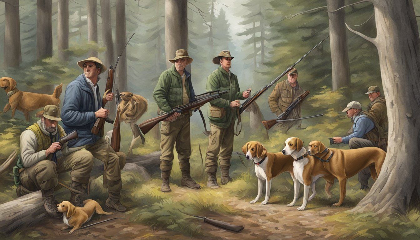 Dogs and hunters prepare for a Washington hunting trip, training in a wooded area