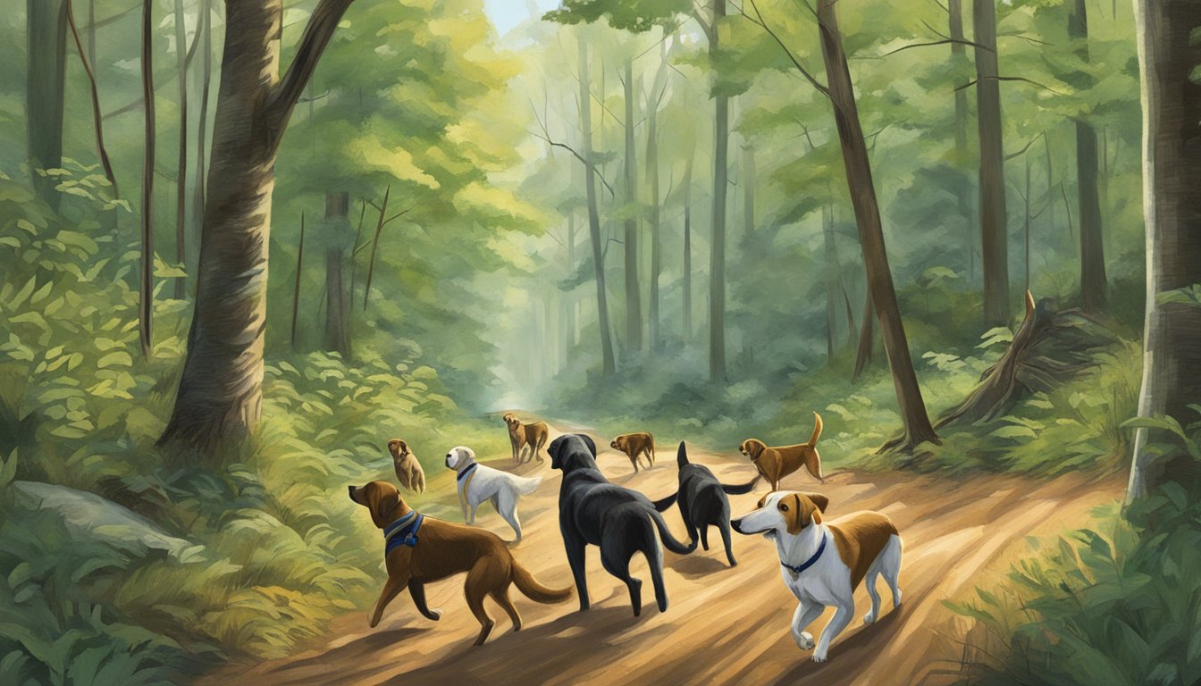 Dogs tracking through Tennessee forest, wildlife in harmony, conservation and ecology in action