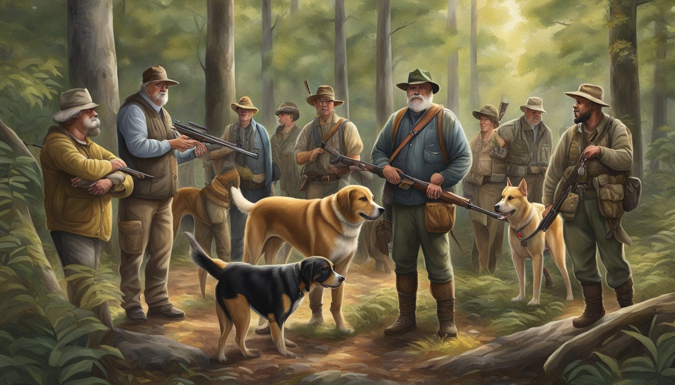 Dogs and hunters gather in a forest in Tennessee, surrounded by nature and the sense of community and culture