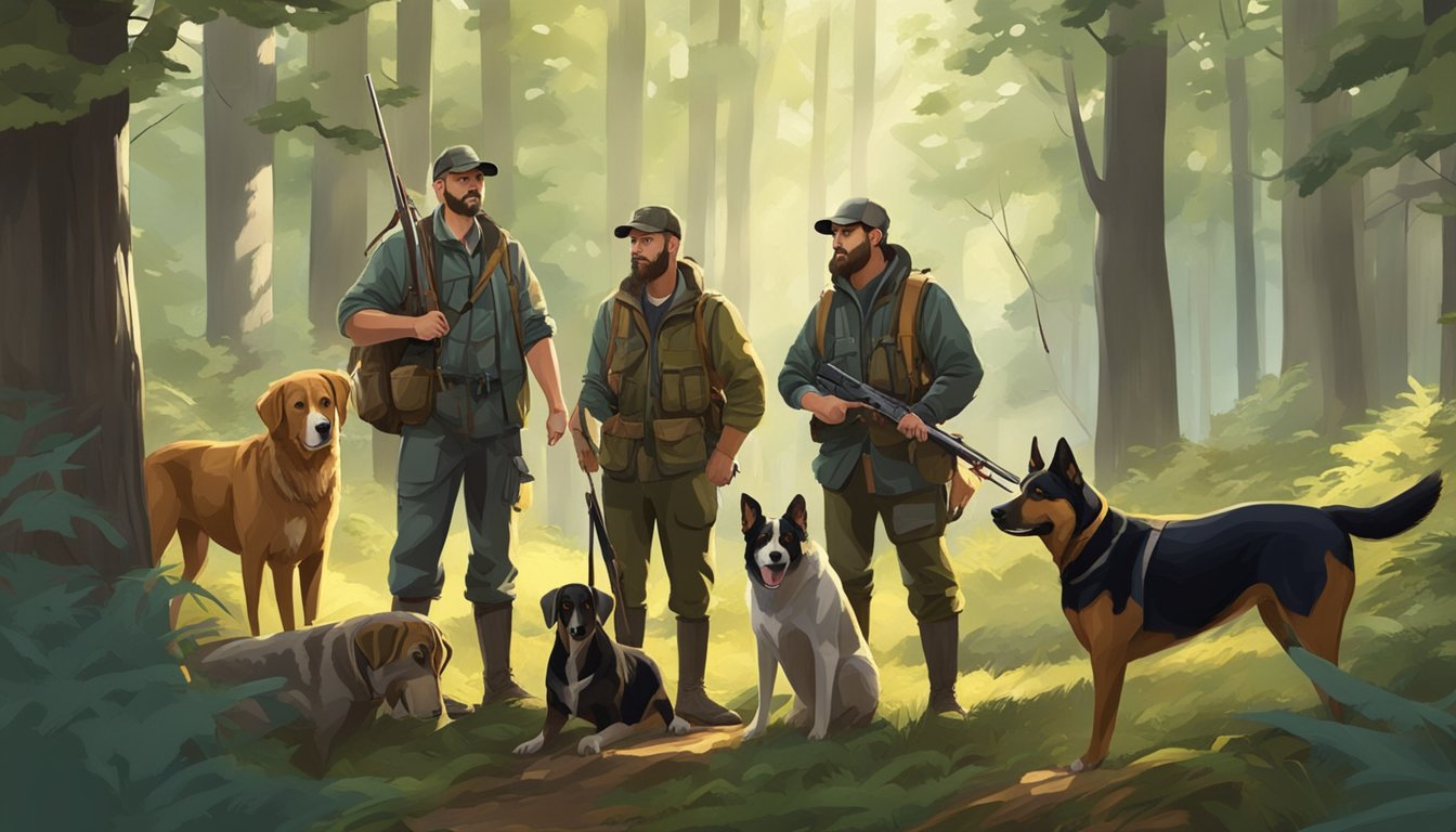 Hunters with dogs in a forest clearing, surrounded by trees and wildlife