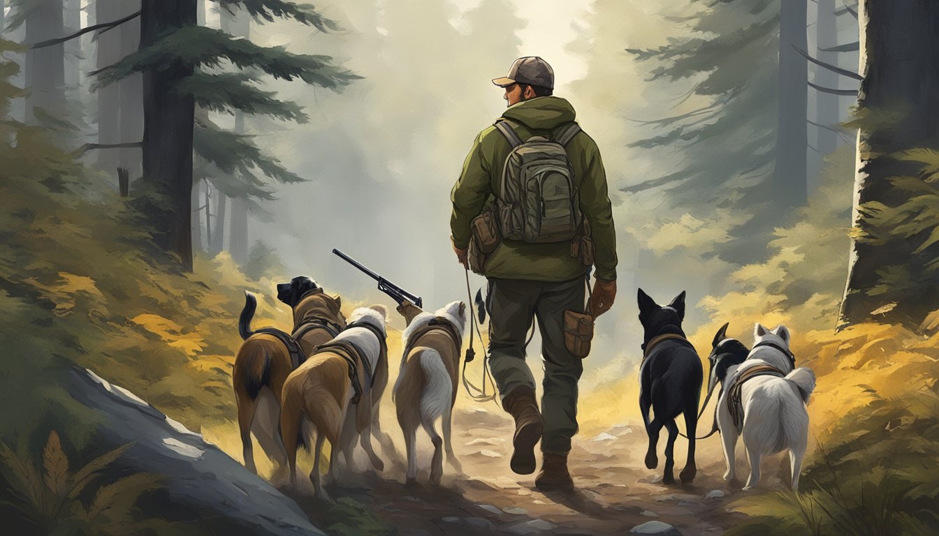 A hunter with a rifle and a pack of hunting dogs trekking through the woods in Washington, following ethical and safe hunting practices