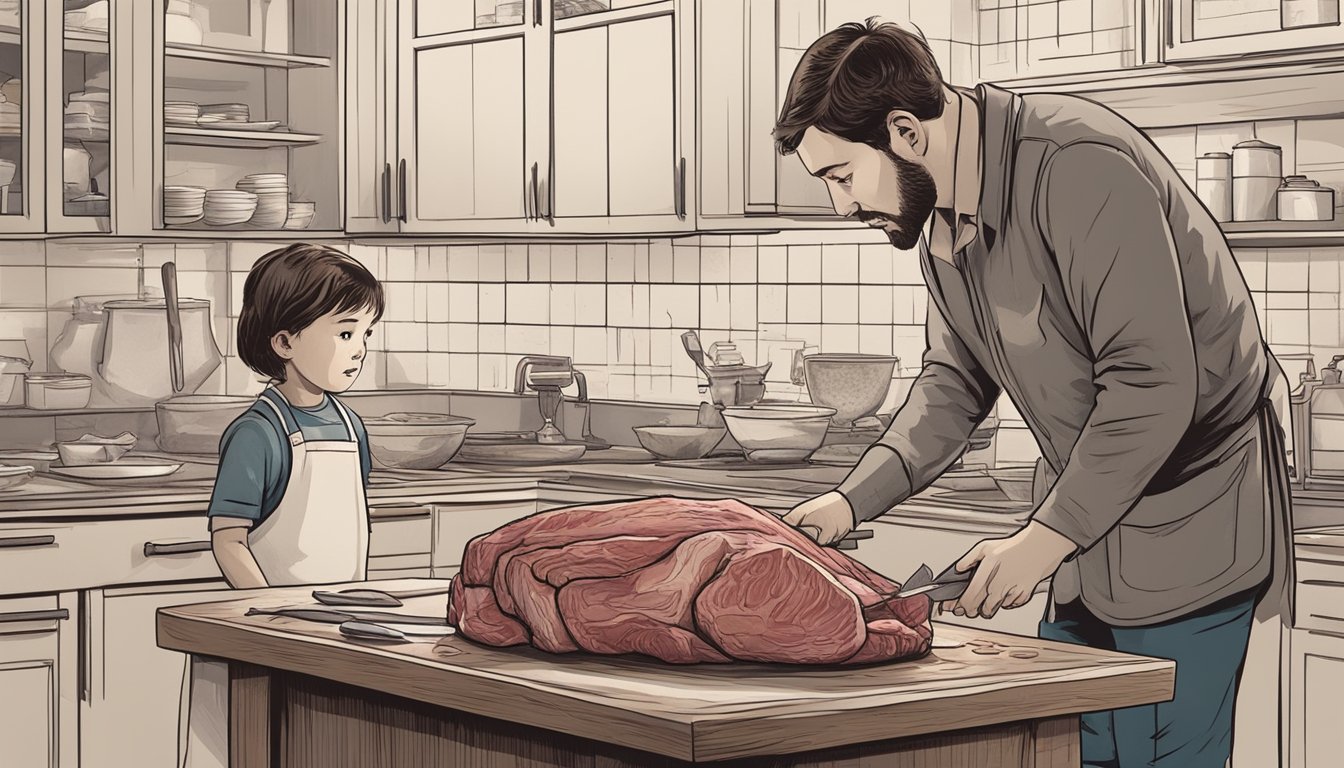 A child watching a butcher cutting red meat, while a parent looks concerned