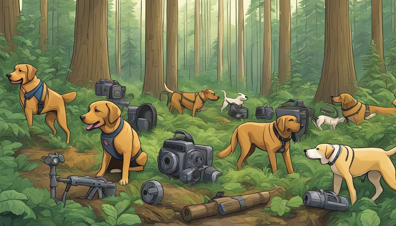 Dogs and gear scattered in lush forest, Washington