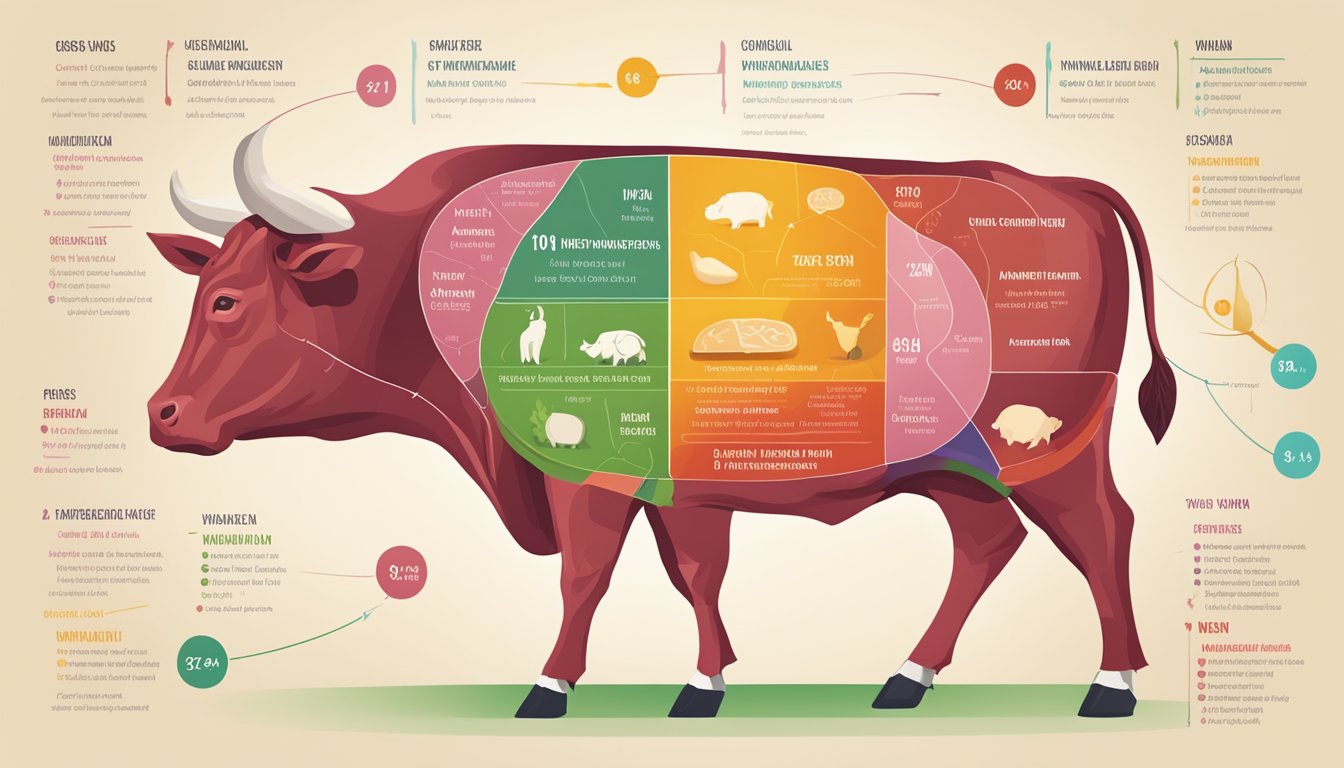 A colorful infographic displaying the nutritional profile of red meat, with various vitamins, minerals, and macronutrients highlighted