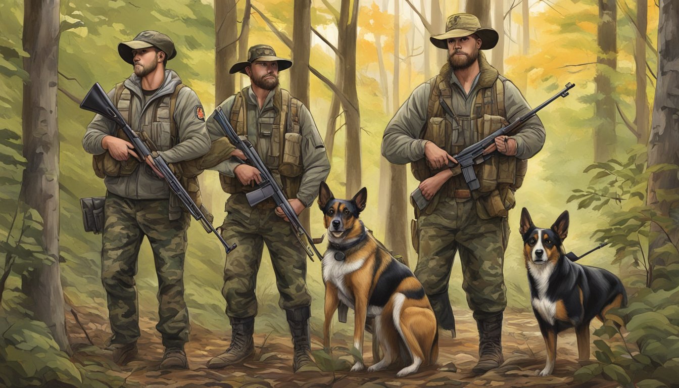 Hunters with dogs in Tennessee woods, carrying rifles and wearing camouflage gear