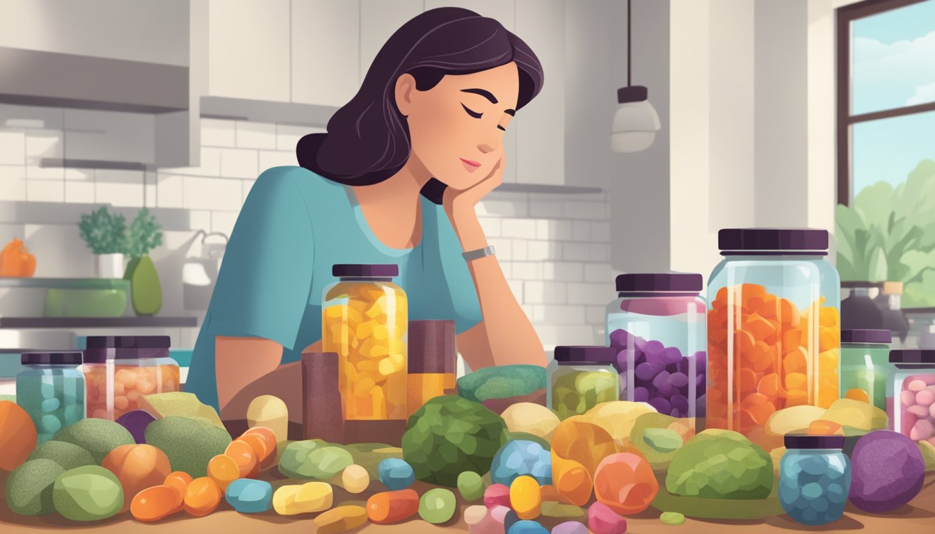 A colorful array of vitamins and mineral supplements arranged on a kitchen counter, with a concerned mother looking on in the background