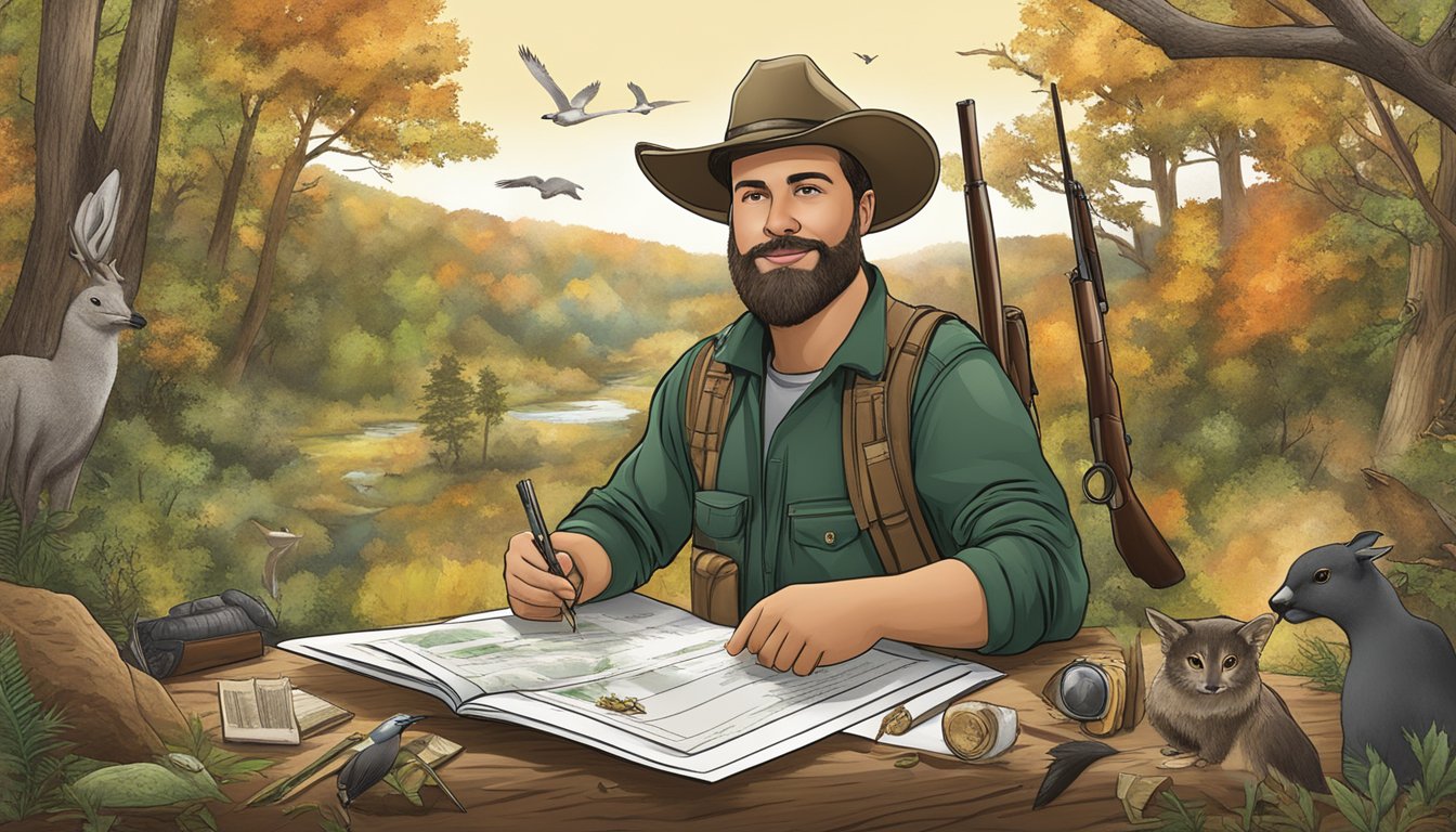 A hunter holds a certificate surrounded by Maryland wildlife and nature scenes, with educational materials in the background