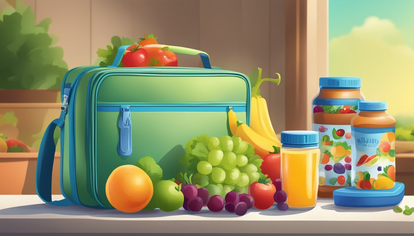 A child's lunchbox with a variety of colorful fruits and vegetables, alongside a bottle of child-friendly supplements, set against a backdrop of a sunny Texas landscape