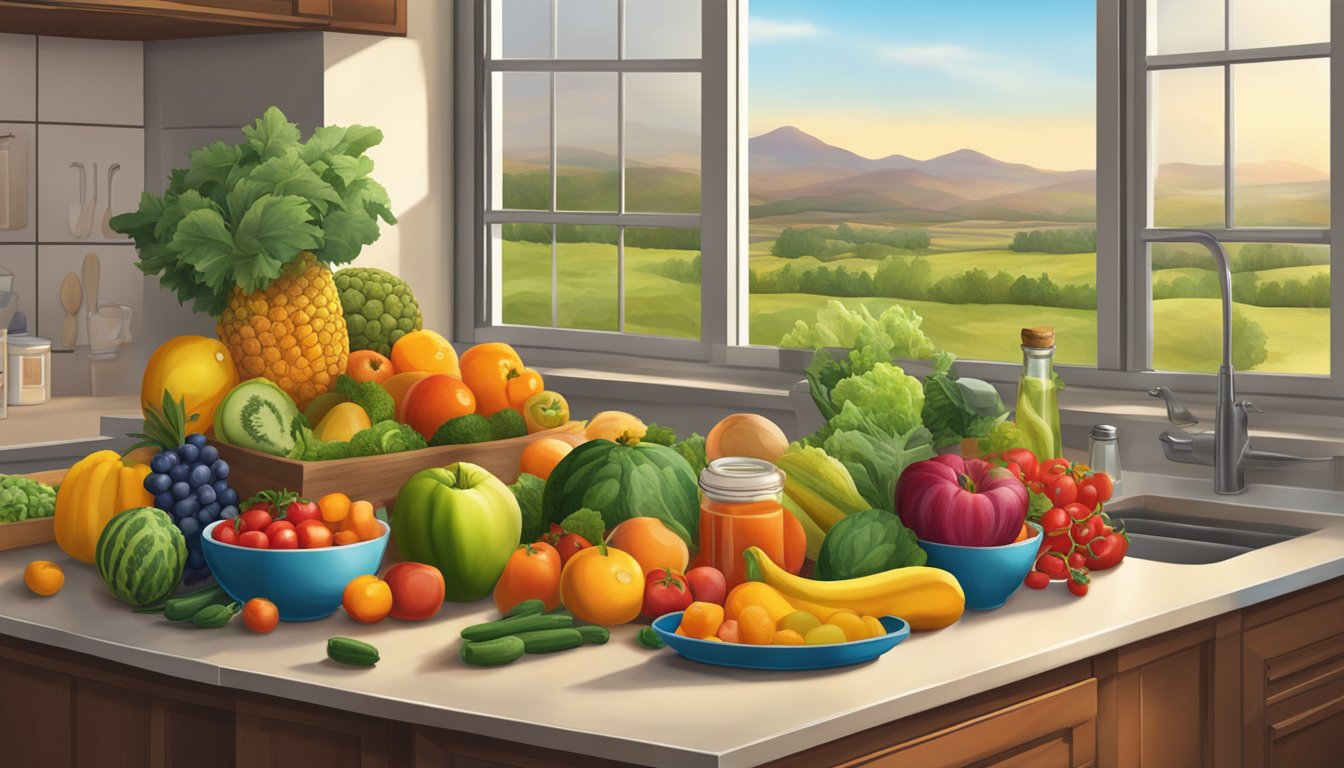 A colorful array of fruits, vegetables, and vitamins arranged on a kitchen counter, with a warm Texas landscape visible through the window