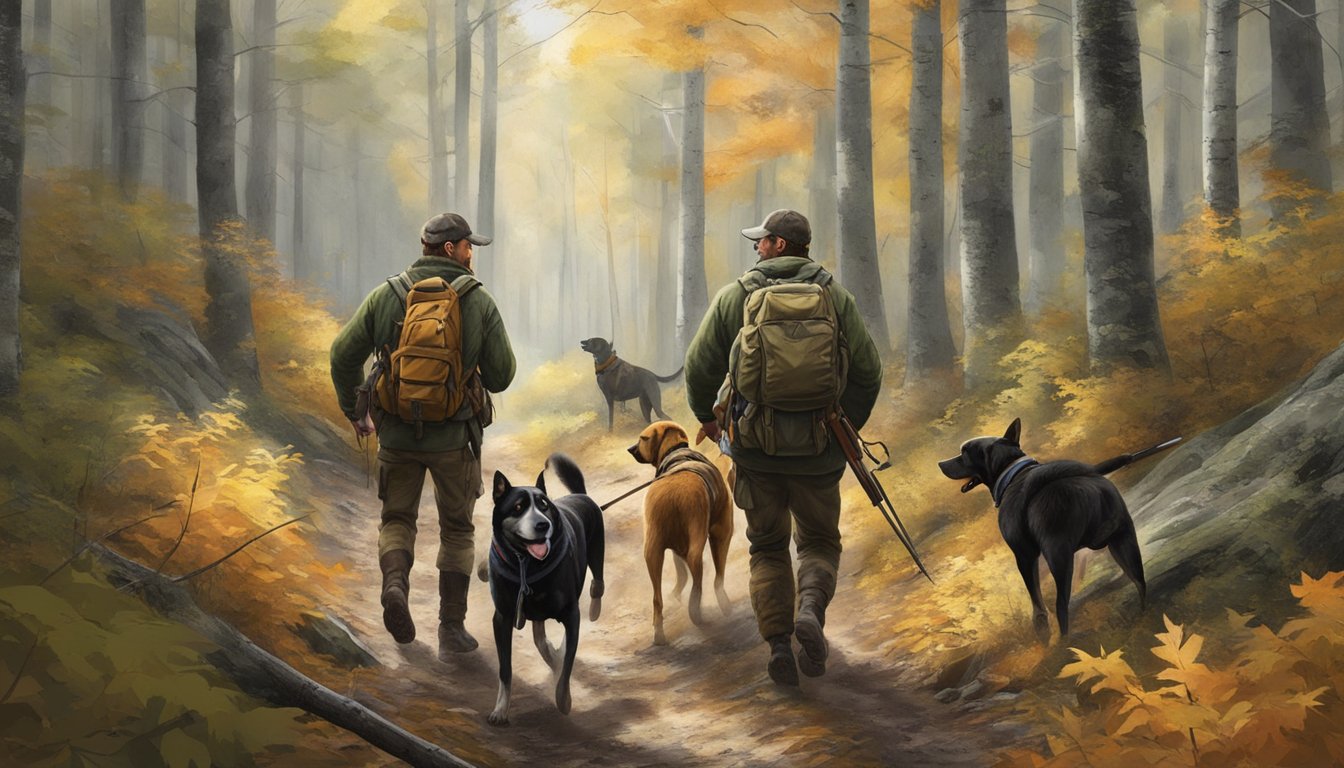 A group of hunters with dogs traversing through a dense Vermont forest, following the legal framework for hunting with dogs