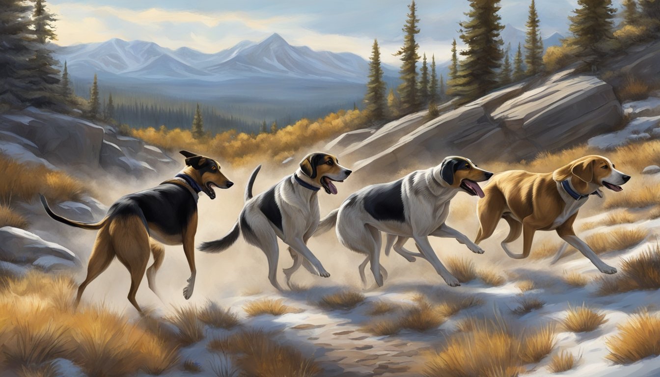 A pack of hounds eagerly follows their handler through the rugged Wyoming wilderness, noses to the ground, in search of prey