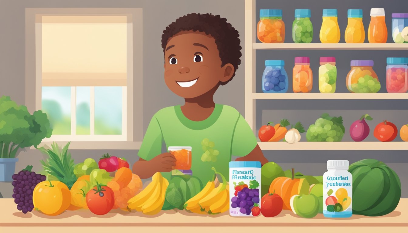 A child-friendly supplement bottle surrounded by colorful fruits and vegetables, with a smiling child in the background