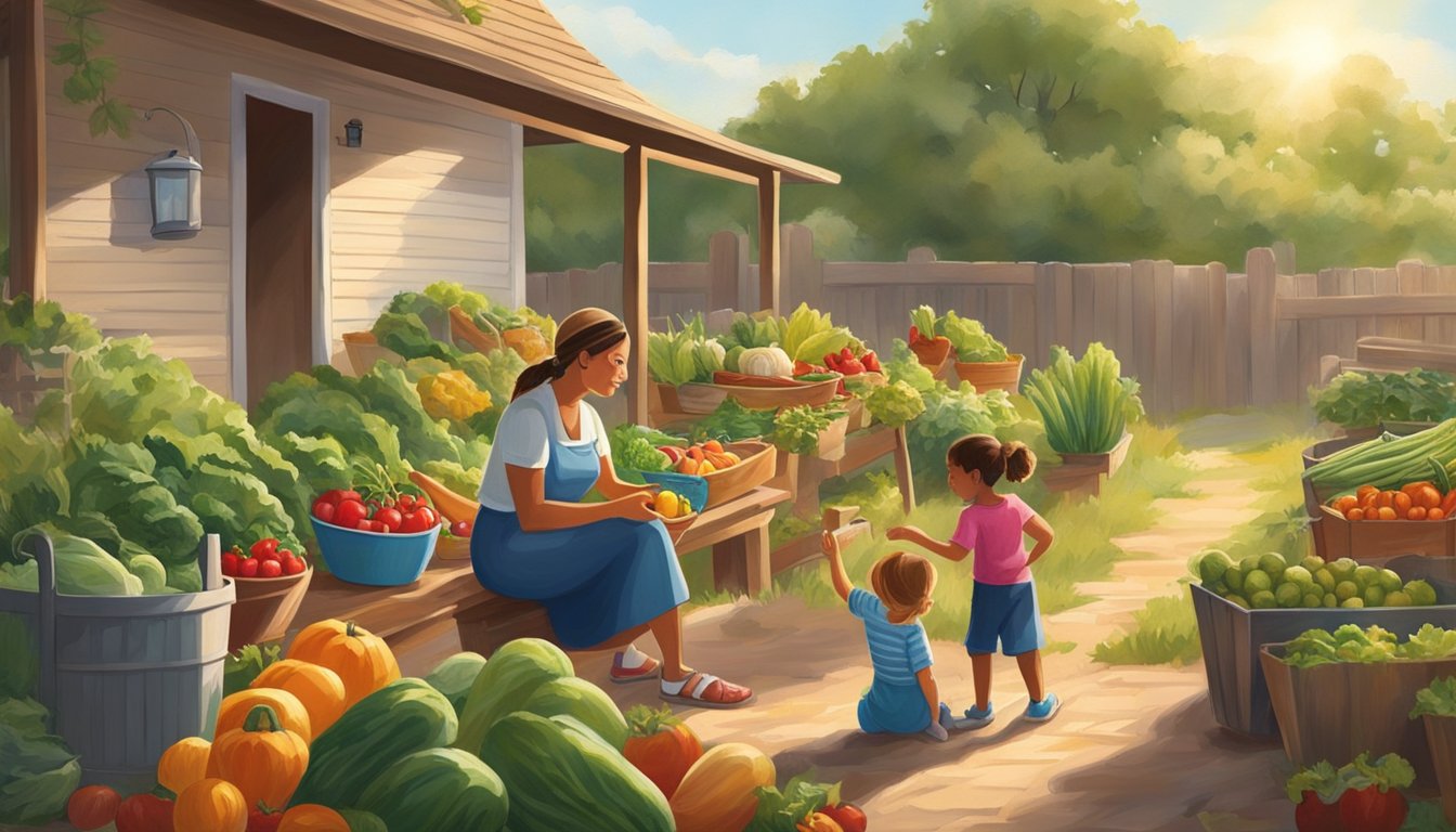 A Texas mom gathers fresh fruits and vegetables from her garden, while her children play nearby. The sun shines down, highlighting the natural sources of essential nutrients