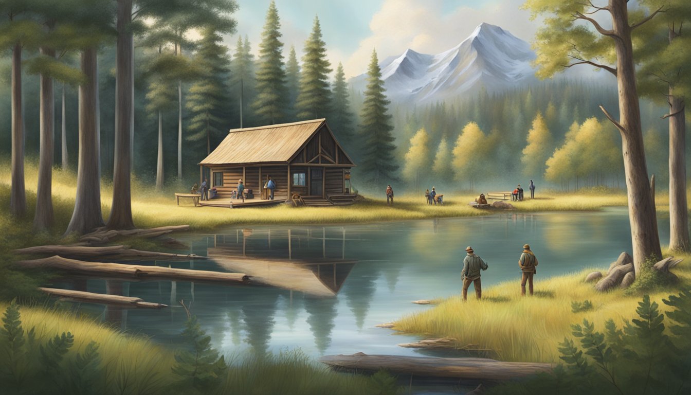 A serene woodland clearing with a rustic cabin, a tranquil lake, and a group of individuals participating in a hunter education course