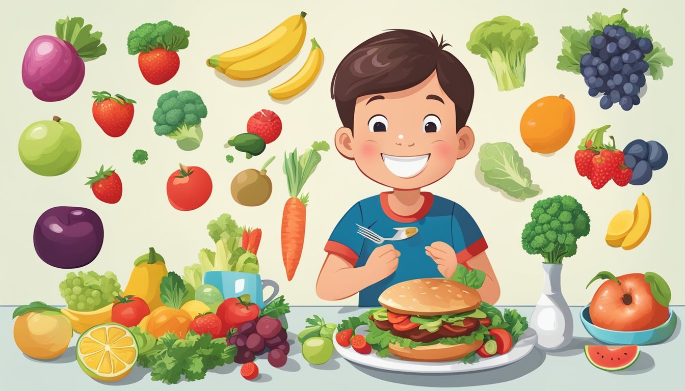 A child happily eating a balanced meal with a small portion of red meat on their plate, surrounded by colorful fruits and vegetables