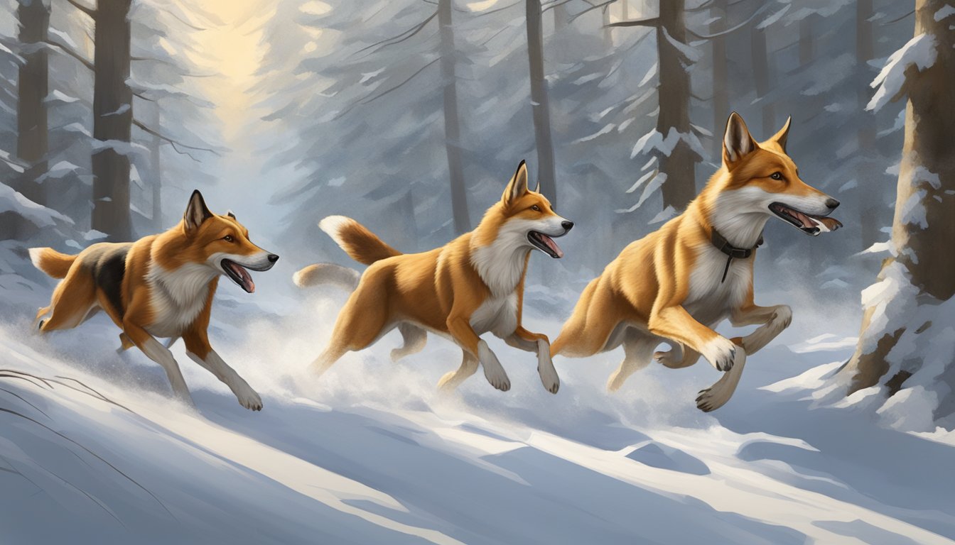 A pack of hounds chasing a fox through the dense Vermont forest, their keen senses and agility on display as they pursue their prey