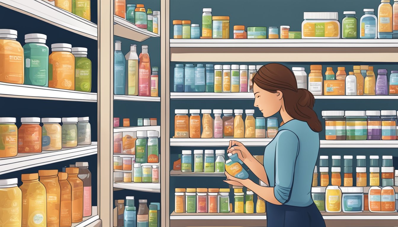 A Texas mom carefully selects various supplements from a shelf, considering the health benefits for her children