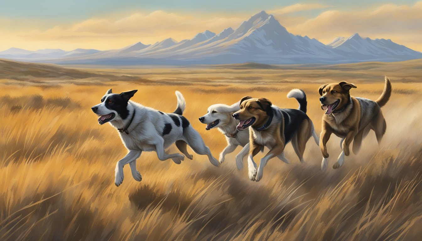 A pack of hunting dogs running through the Wyoming prairie, sniffing and searching for prairie dogs to chase and catch