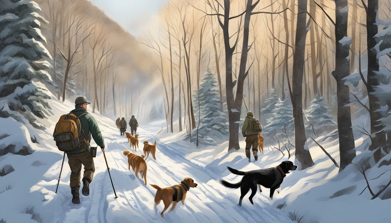 Dogs and hunters trek through snowy Vermont woods, searching for game in the winter season