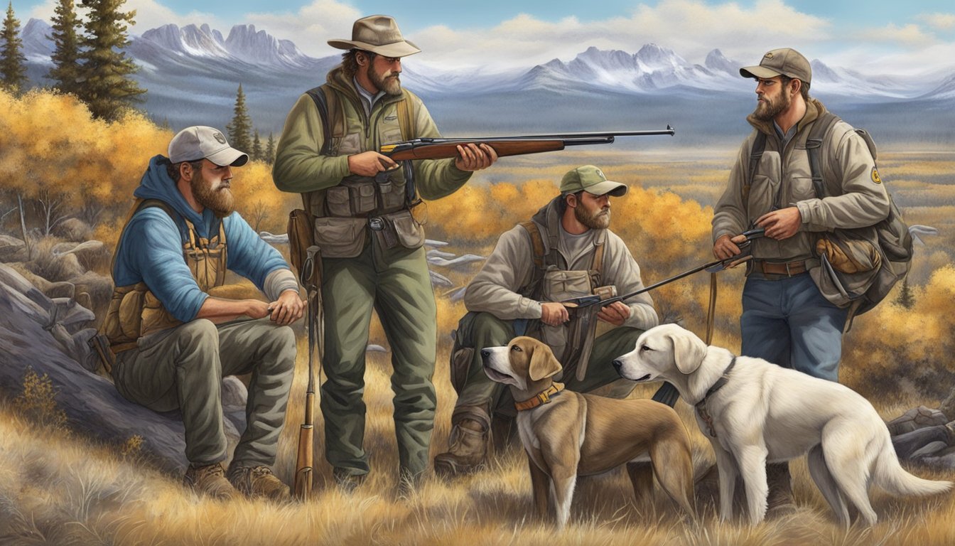 Dogs and hunters gather in the Wyoming wilderness, preparing for a logistical hunting expedition