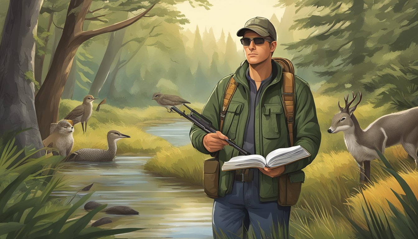 A hunter holding a safety manual, surrounded by nature and wildlife