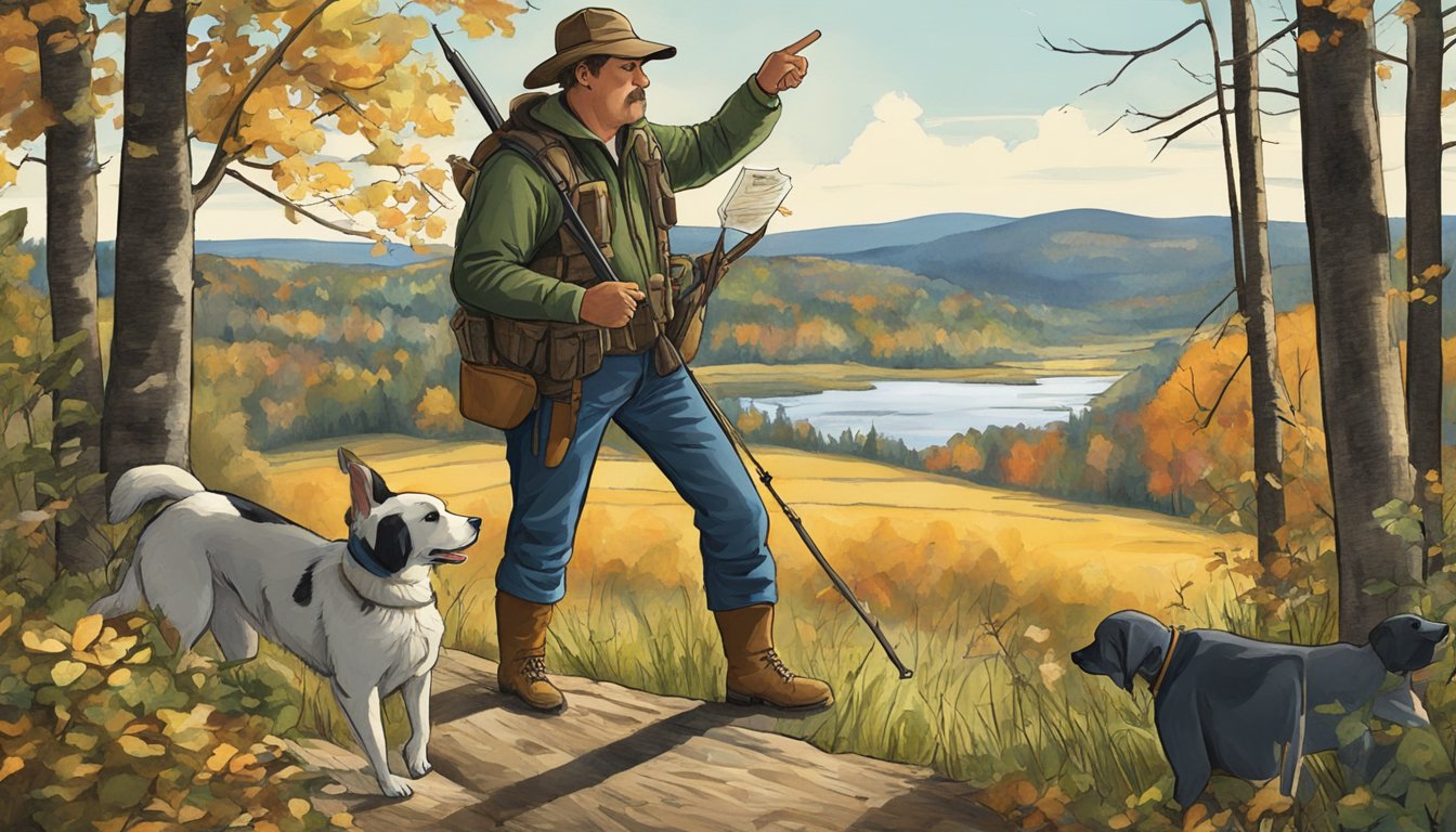 A hunter with dogs seeks permission from a landowner in rural Vermont. The hunter holds a map and gestures toward the woods