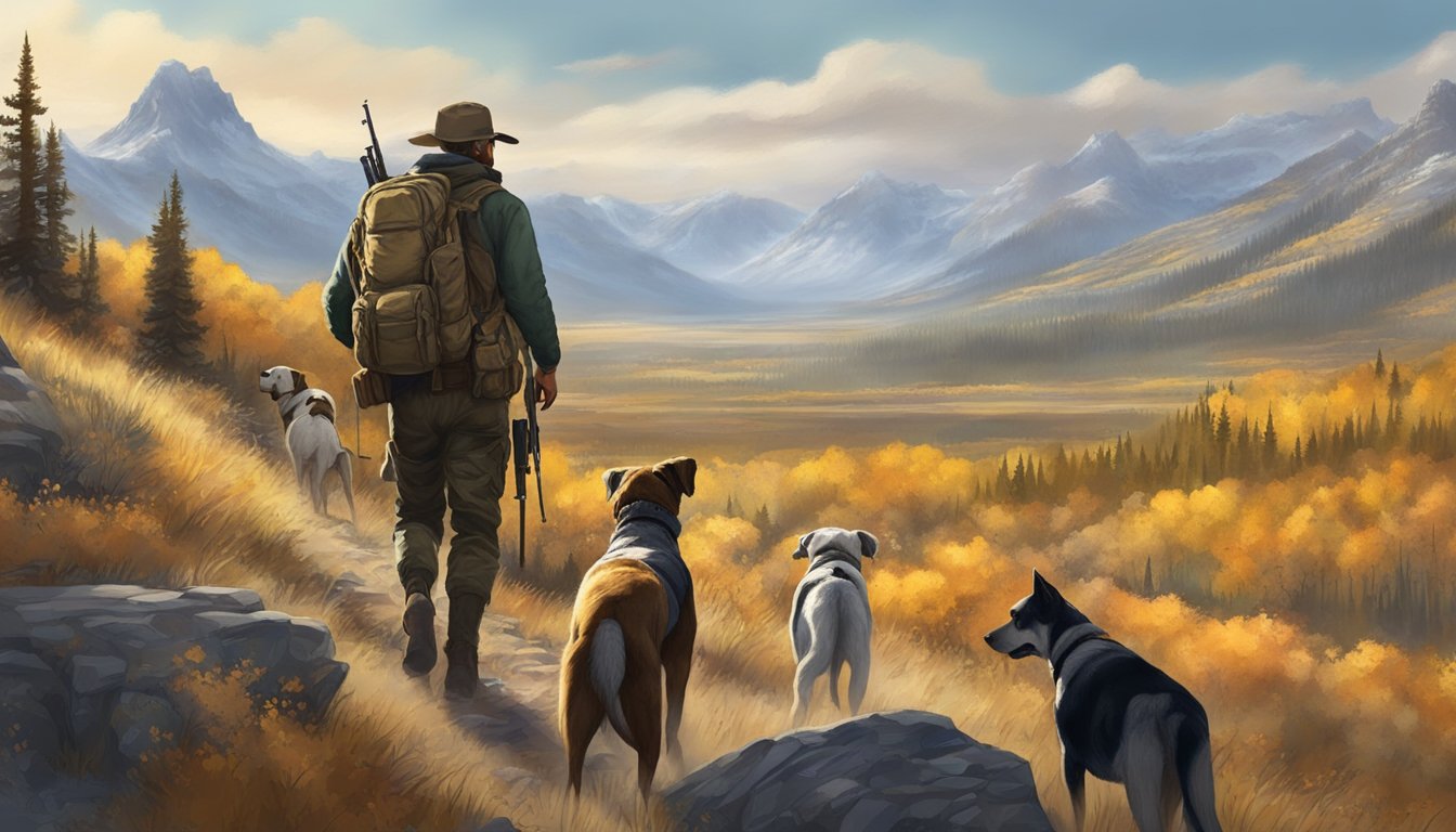 A hunter with a rifle and a pack of hunting dogs trek through the rugged Wyoming wilderness, scanning the horizon for game