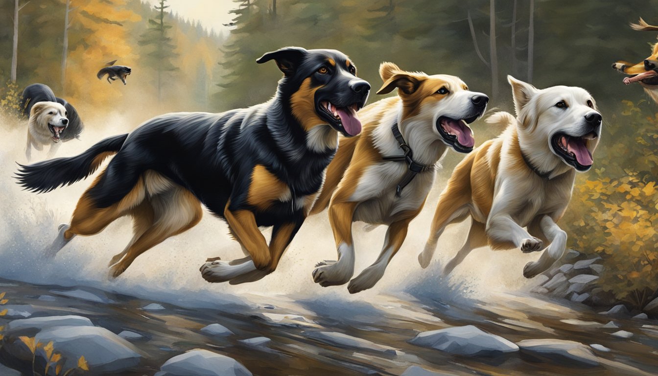 A pack of hunting dogs chasing prey through the Vermont wilderness