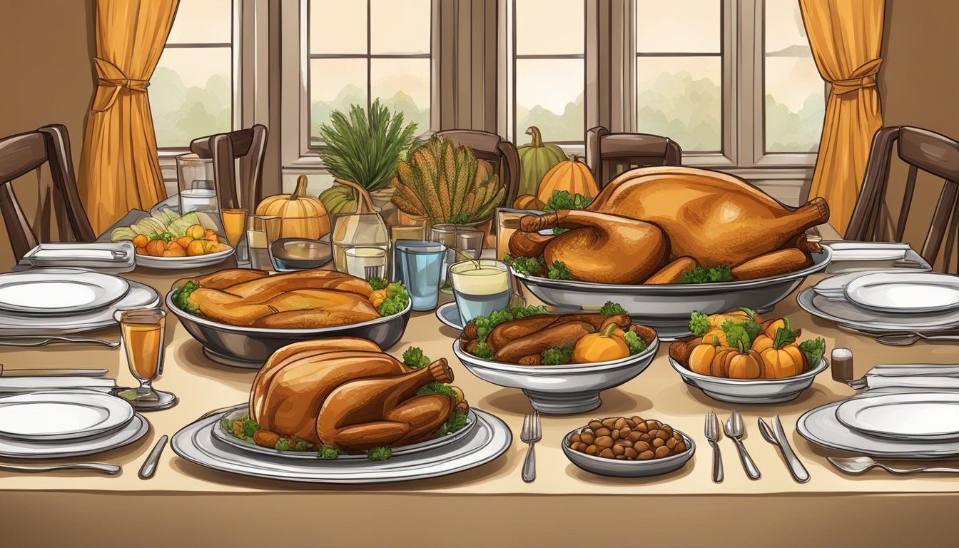 A festive Texas Thanksgiving table set with traditional dishes and decorations