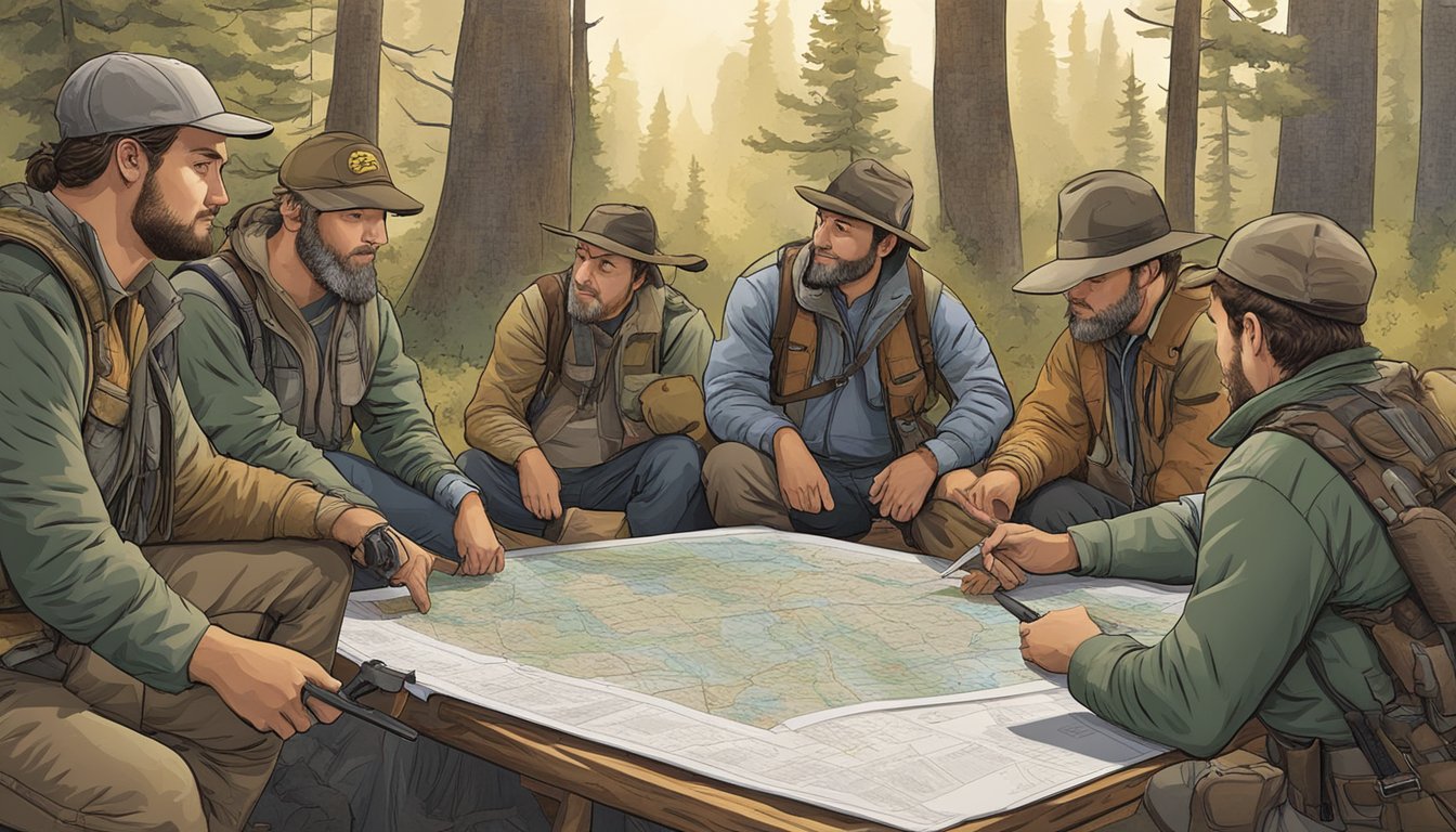 A group of hunters gather around a table, studying maps and wildlife guides. A mentor points to a diagram of a firearm, discussing safety