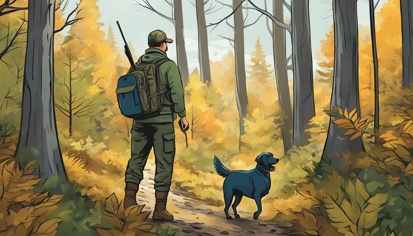 A hunter with a dog navigating through a dense Vermont forest, following setback exemptions and restrictions for hunting