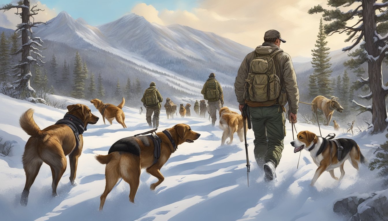 Dogs and hunters trek through snowy Wyoming wilderness, searching for game