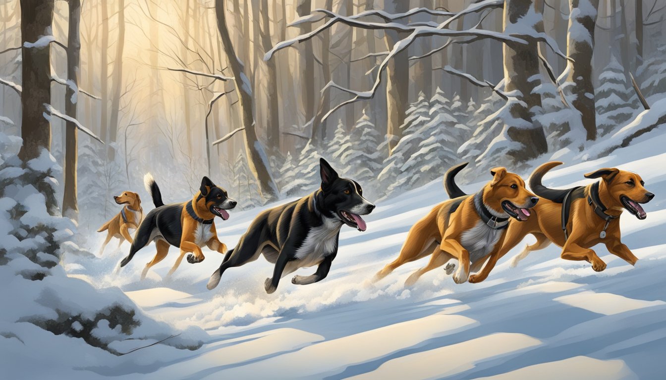 Hunting dogs running through a snowy forest, noses to the ground, in pursuit of game in Vermont