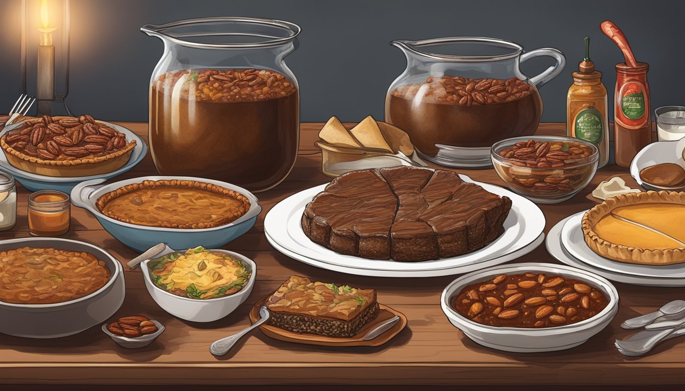 A festive table set with Texas cuisine: smoked brisket, pecan pie, and chili peppers