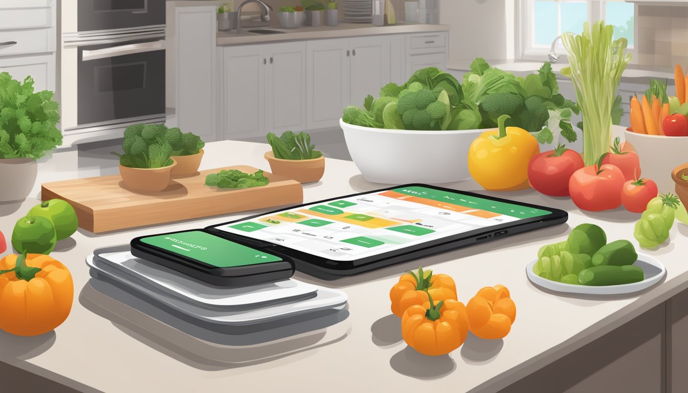 A busy kitchen counter with a smartphone displaying a meal planning app, surrounded by fresh produce and recipe books