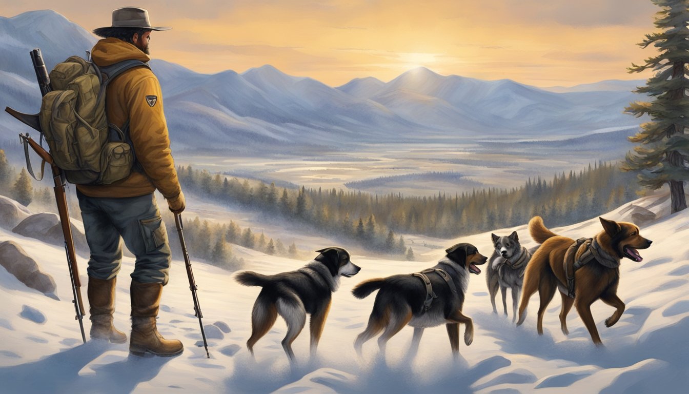 A hunter and a pack of dogs traverse a rugged Wyoming landscape, with the dogs eagerly sniffing the ground and the hunter carrying a rifle