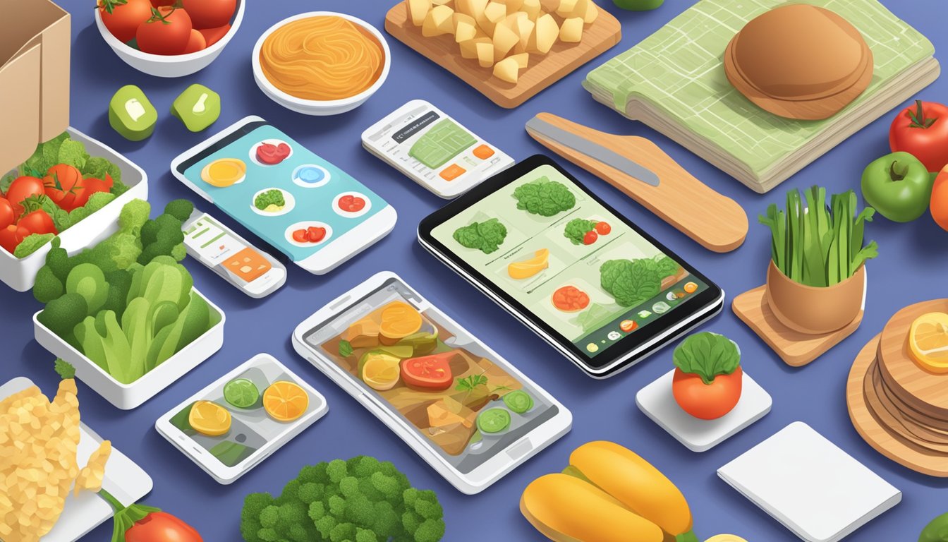 A busy kitchen counter with a smartphone displaying meal planning app icons, surrounded by fresh produce and recipe books