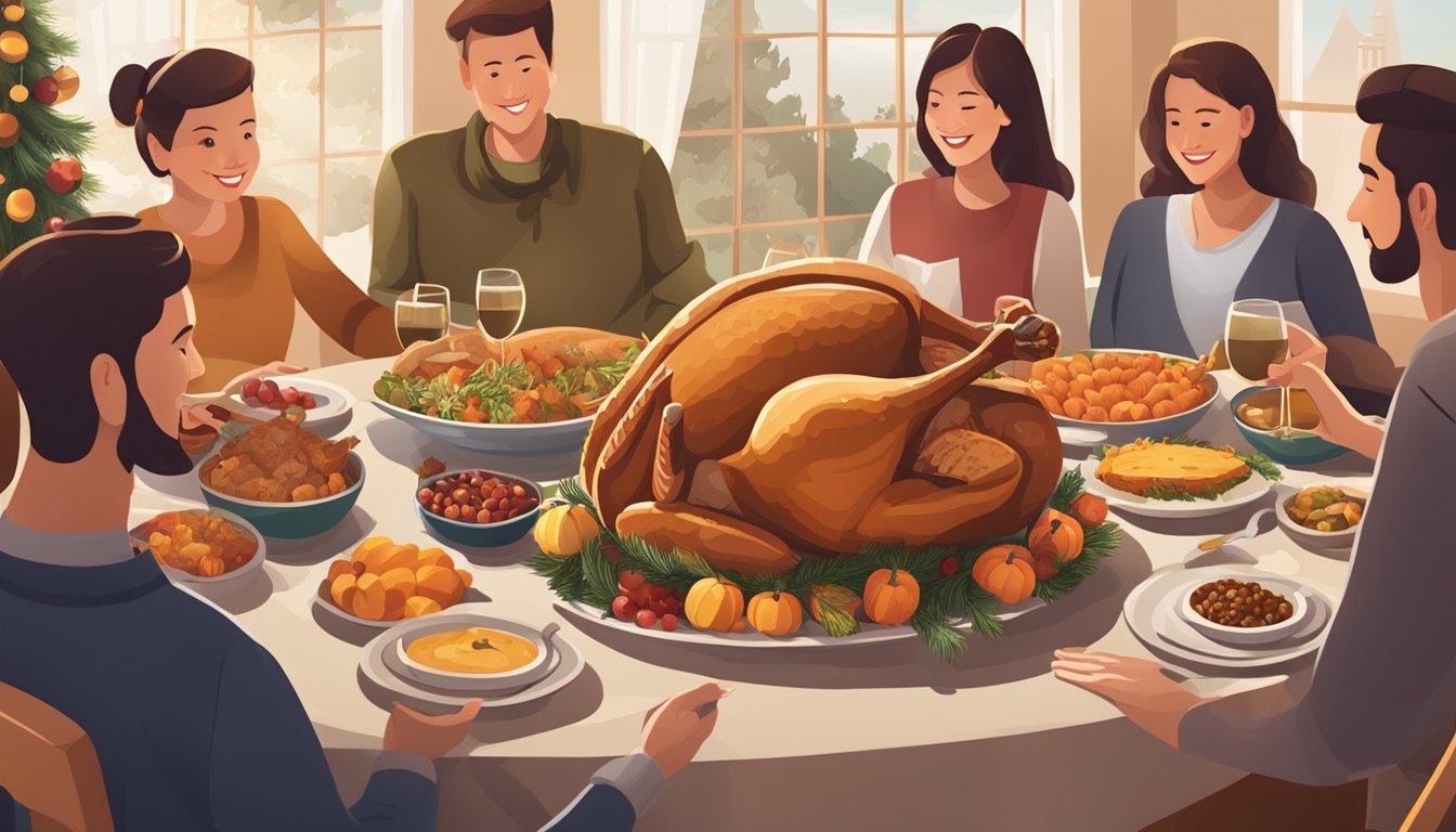 A festive table set with a variety of locally sourced Thanksgiving dishes, surrounded by family members exchanging gifts and enjoying the holiday spirit