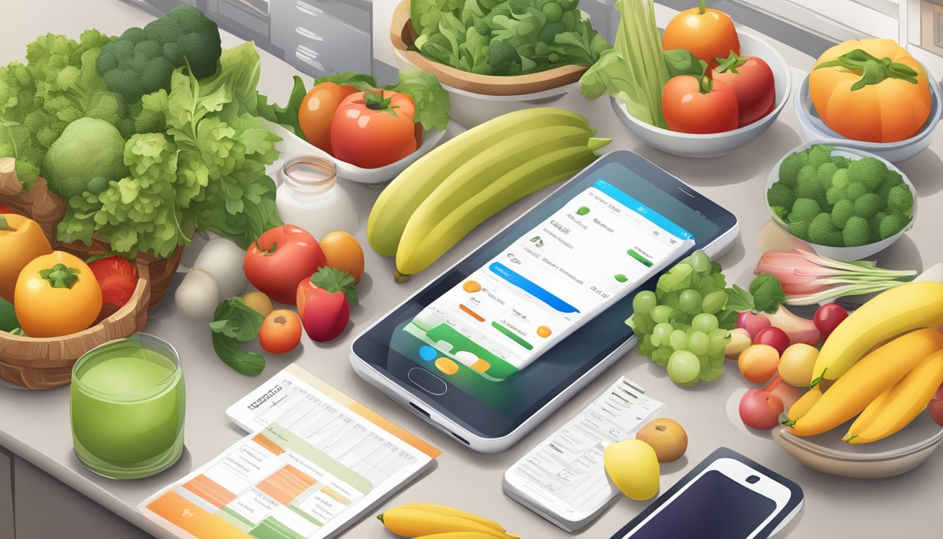 A busy kitchen counter with a smartphone displaying a meal planning app, surrounded by fresh fruits, vegetables, and recipe books