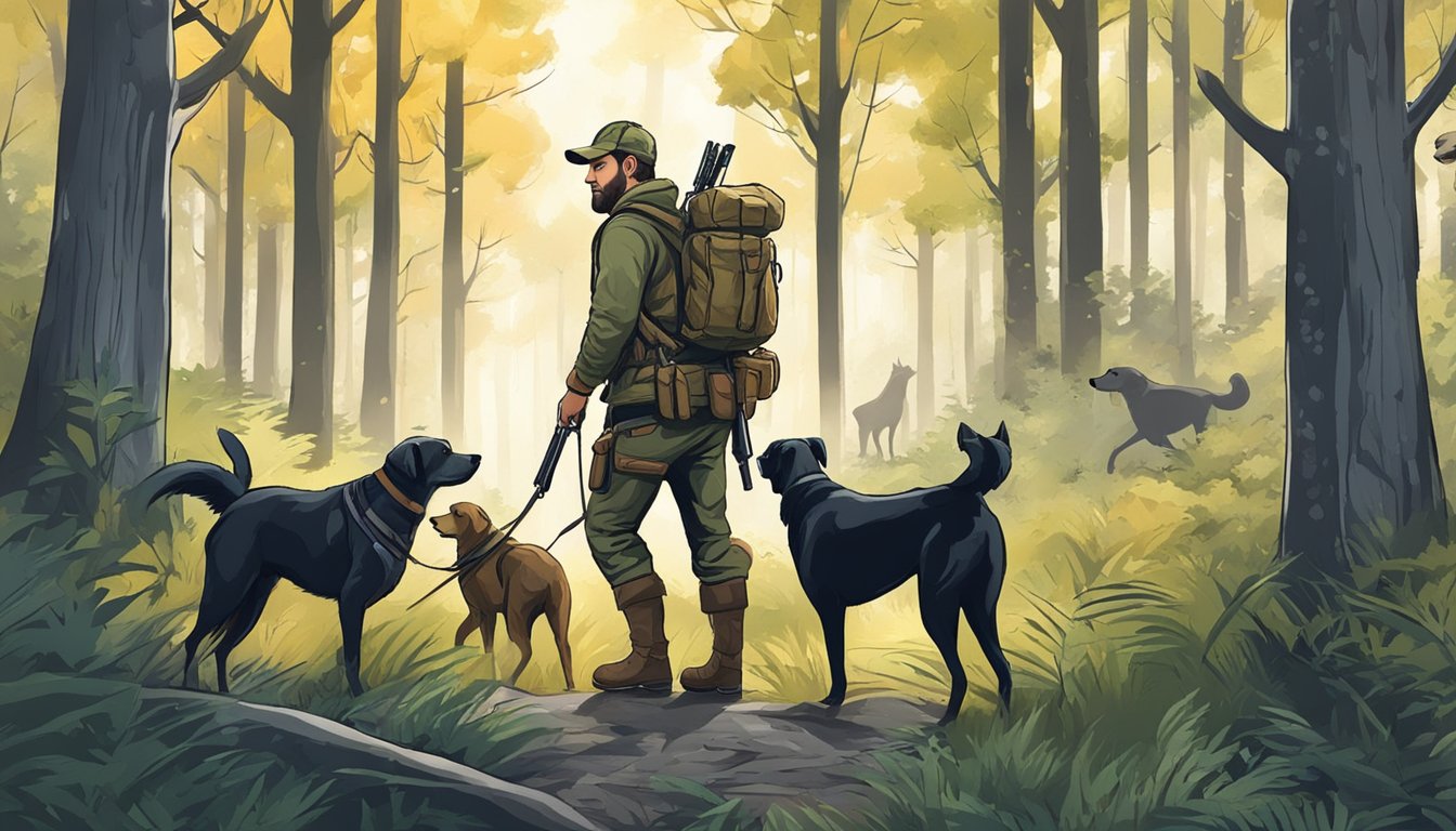 A hunter with dogs in a forest, surrounded by trees and wildlife