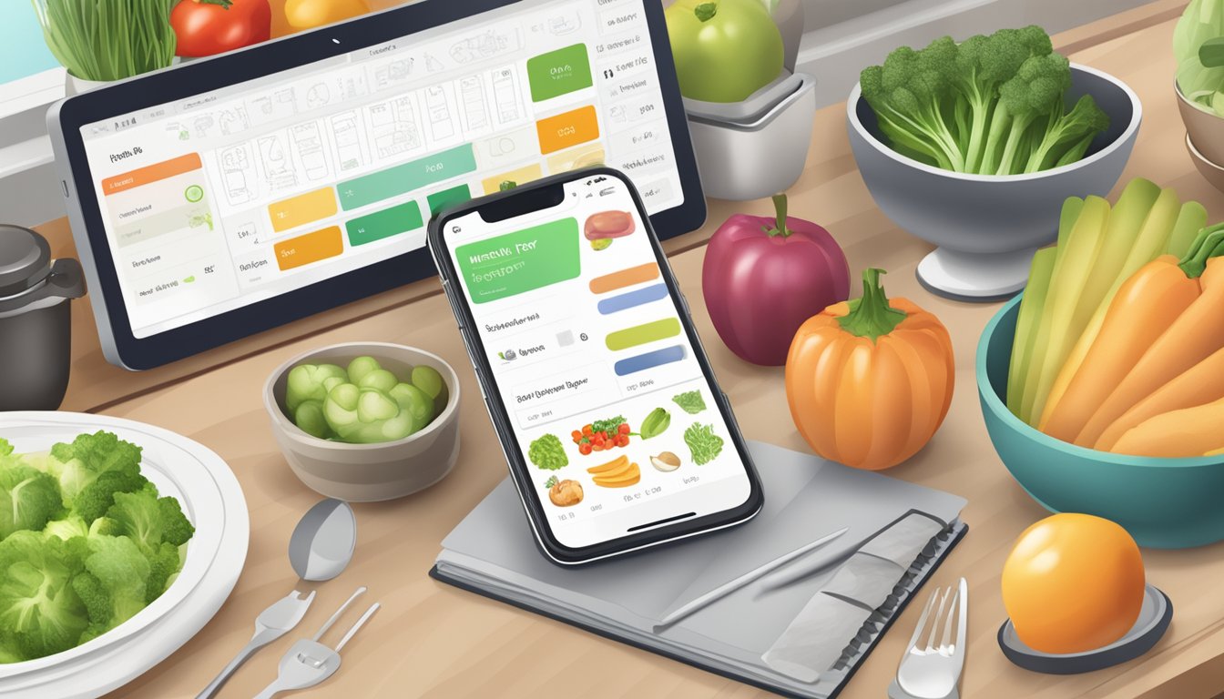 A busy kitchen counter with a smartphone displaying a meal planning app, surrounded by fresh produce and recipe books