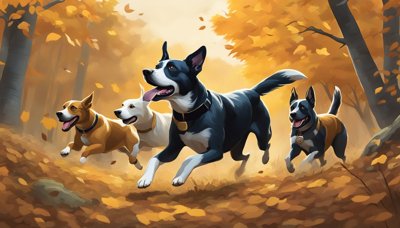 Dogs chase game through autumn woods in West Virginia