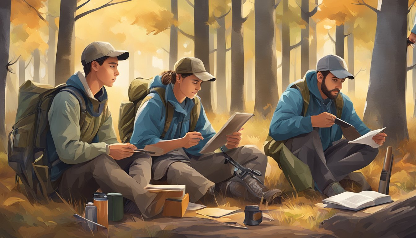 A group of students studying outdoors with hunting gear and educational materials