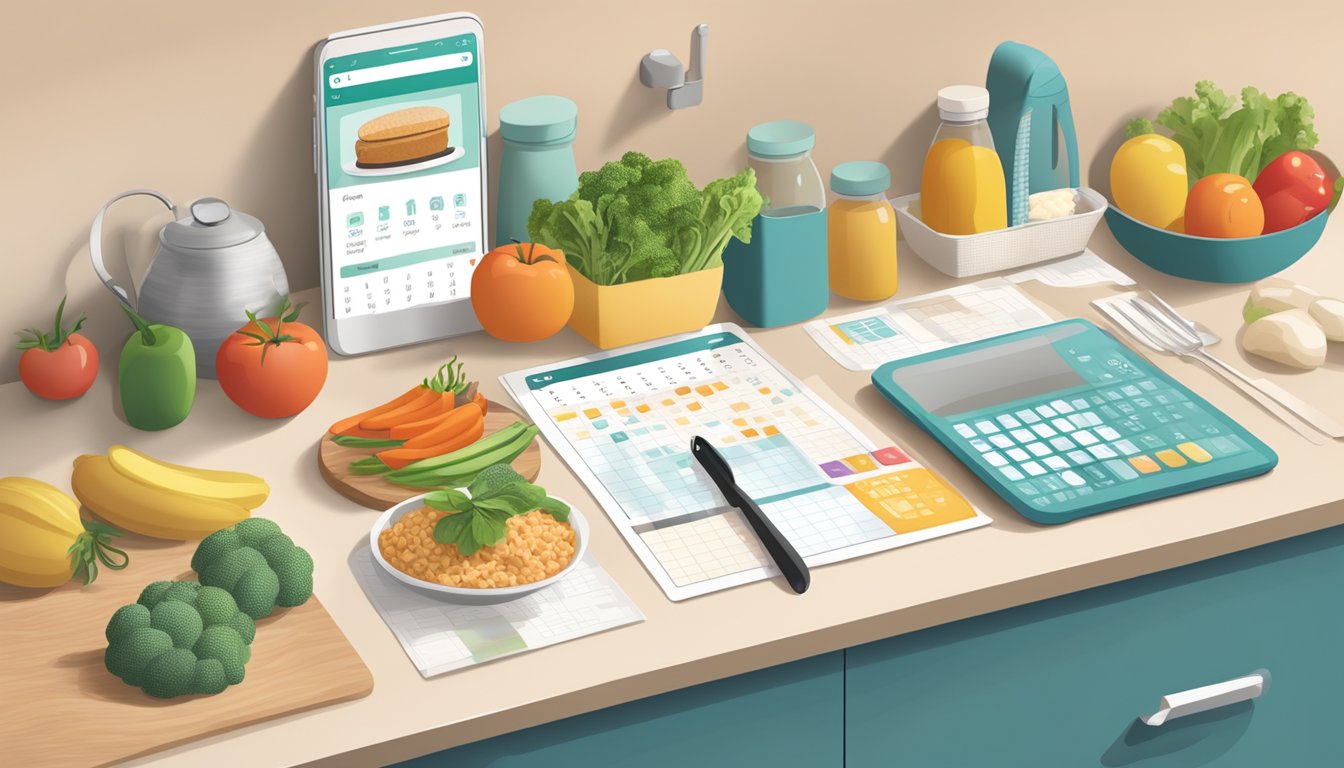 A busy kitchen counter with a smartphone displaying a meal planning app, surrounded by groceries and a calendar