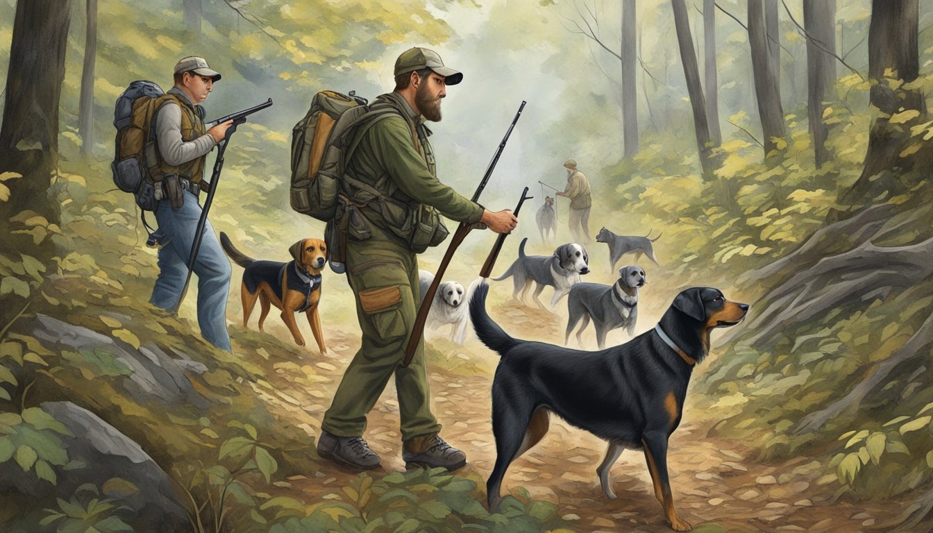 Dogs and hunters tracking through wooded West Virginia, focused on conservation and disease management