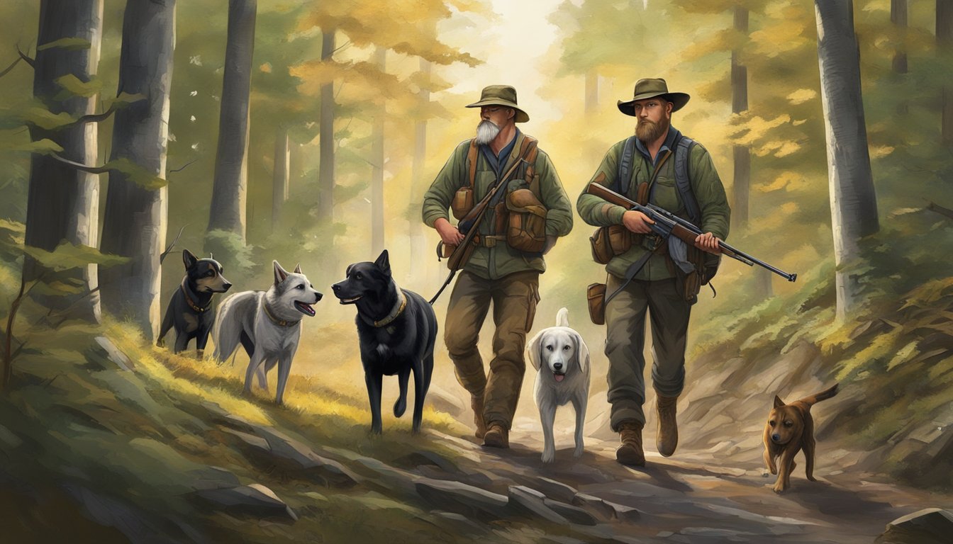 A hunter and their dogs move silently through the forest, respecting the natural surroundings and following ethical hunting practices in West Virginia