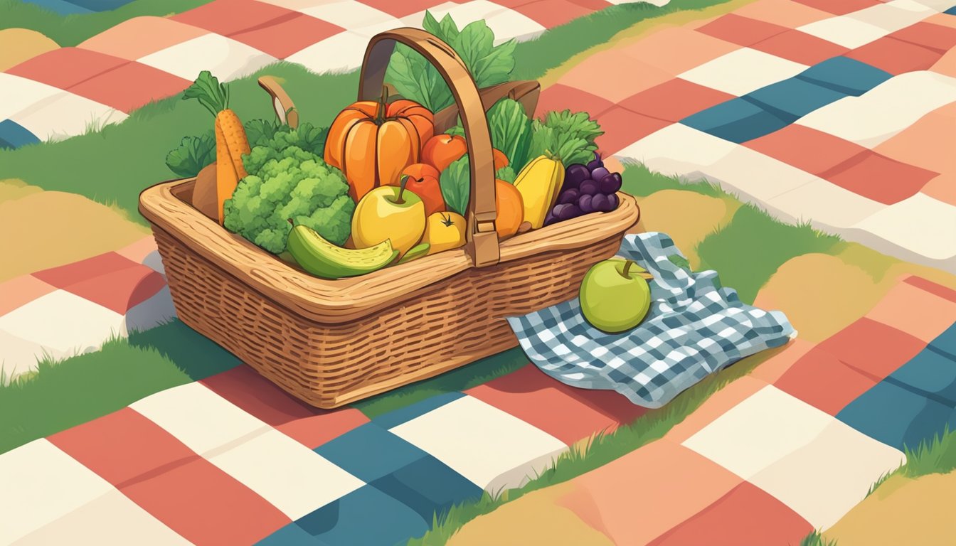 A picnic basket filled with fresh fruits, vegetables, nuts, and whole grain sandwiches sits on a checkered blanket beside a winding road